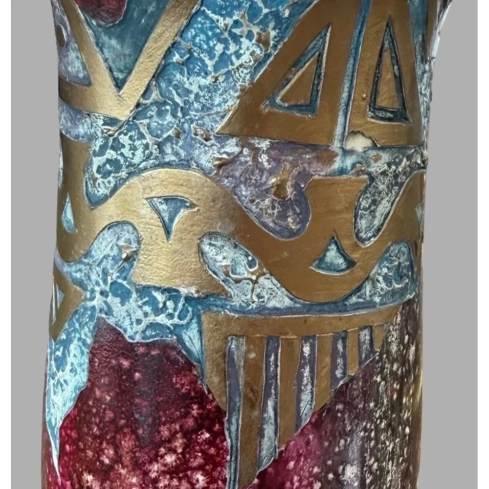 Vintage Art Pottery Vase Burgundy Blue‎ Bronze Abstract Relief 9